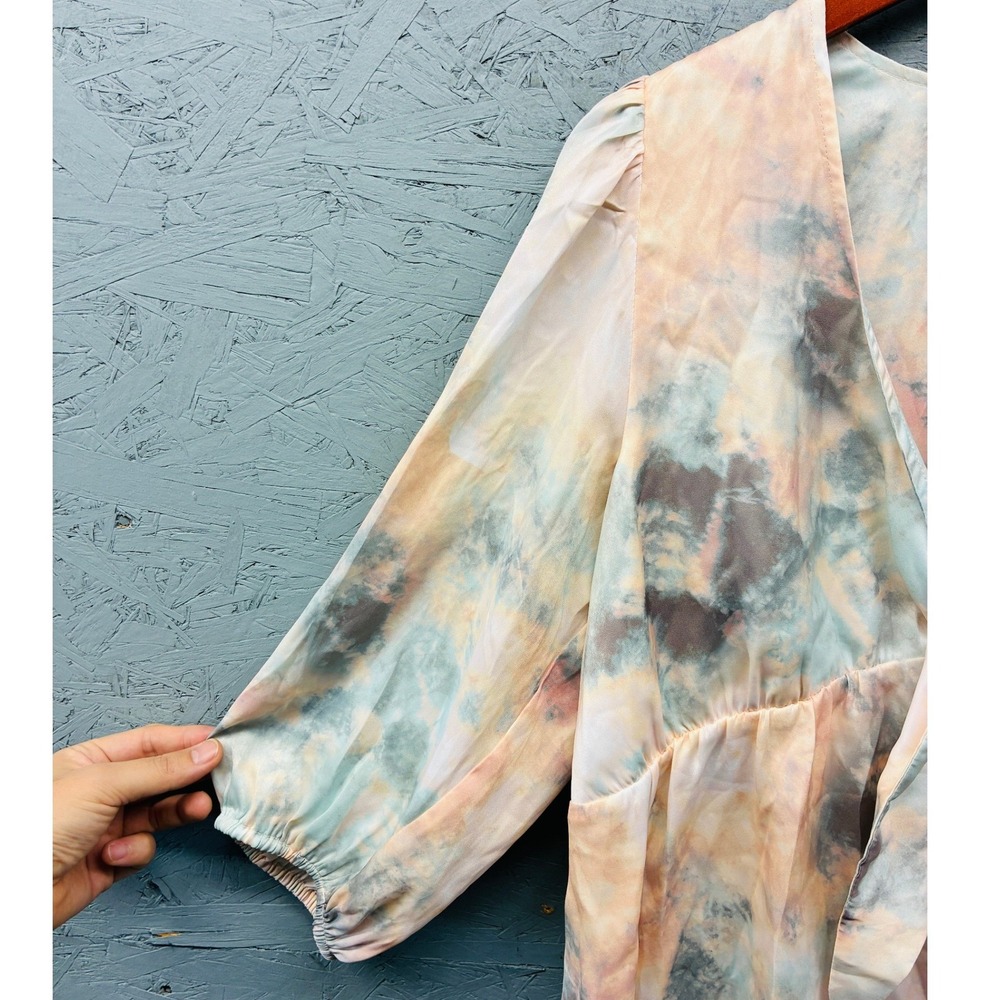 Saltwater Luxe Tie Front Blouse Women's Large Blue Peach Tie Dye Cropped Top - Picture 4 of 11